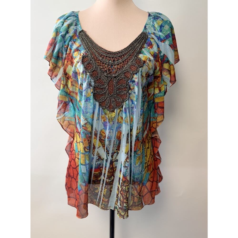 Y2K Flowy Top Womens Boho Crochet‎ Watercolor Rainbow Ruffles 2000s Large Hippie